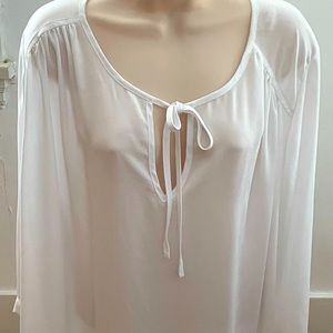 Karen Kane white boho 3/4 sleeves teardrop neckline blouse tunic, size 2X sheer